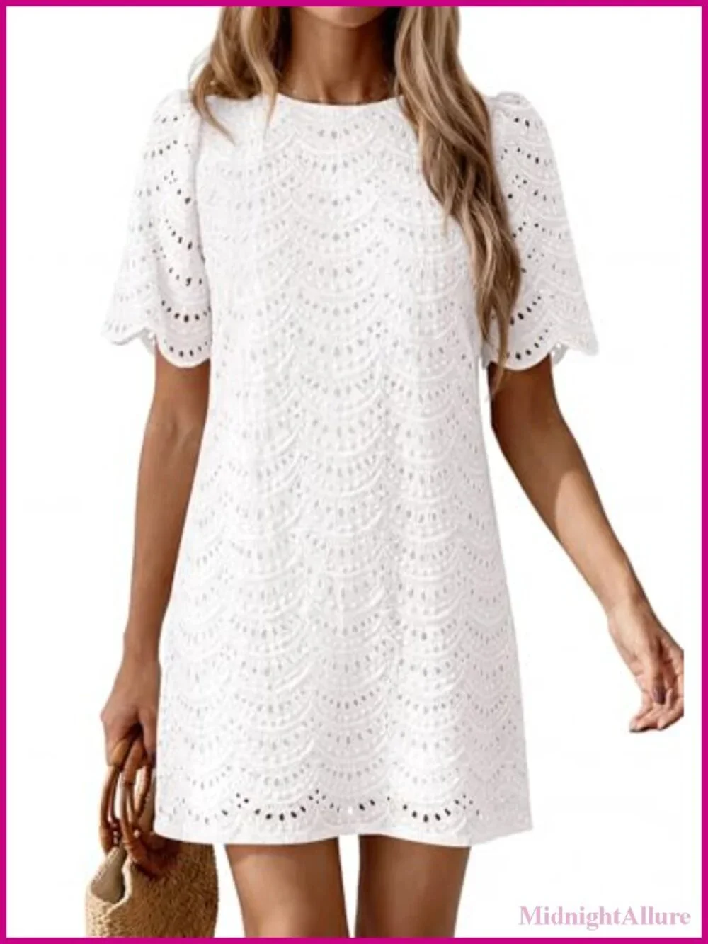 Embroidered Eyelet Cotton Shift Dress Short Sleeve Summer Mini Dress